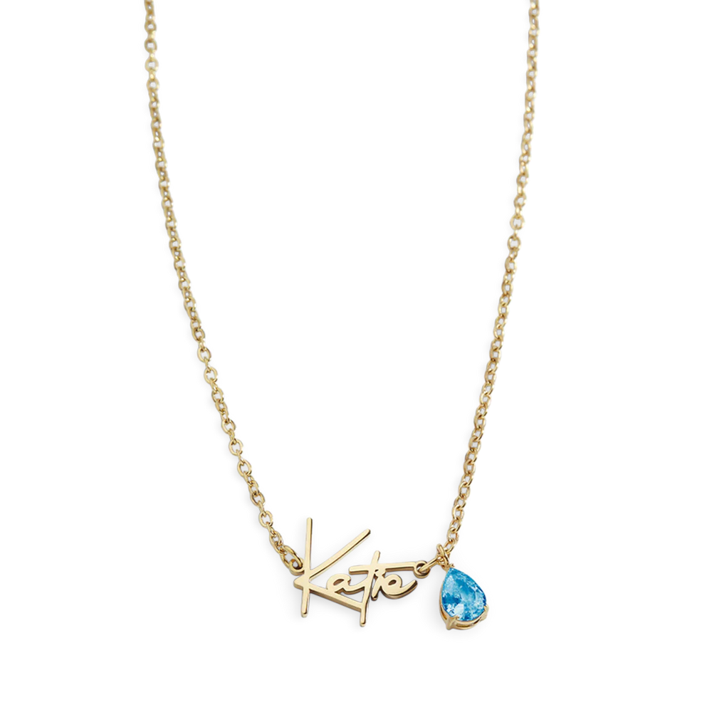 Handmade Birthstone Name Necklace - 18k Gold Over Sterling Silver / December Blue Topaz / 18" + 2"
