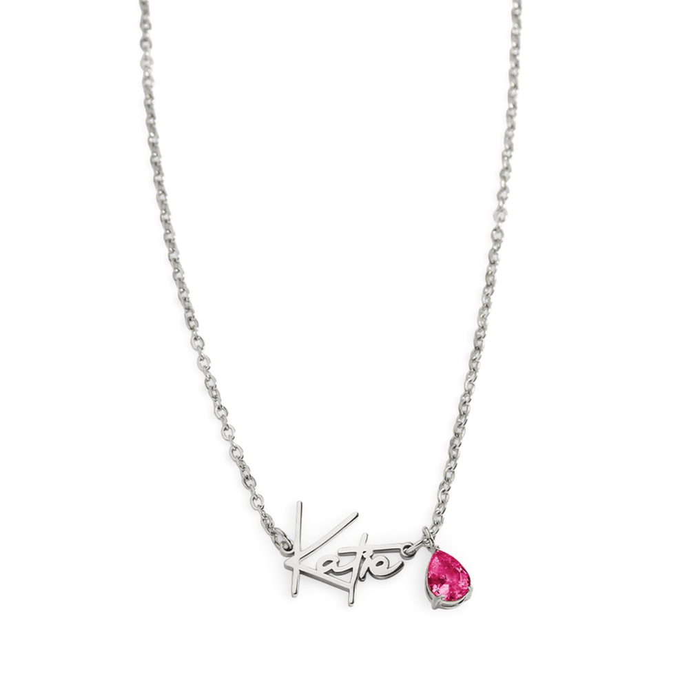 Handmade Birthstone Name Necklace - Silver / July Ruby / 18" + 2"