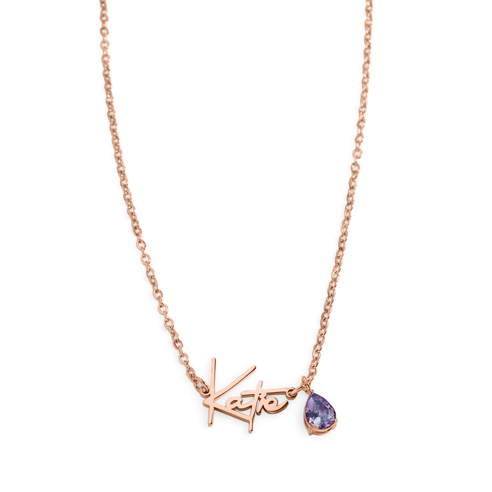 Handmade Birthstone Name Necklace - 18k Rose Gold Plated / June Alexandrite / 18" + 2"