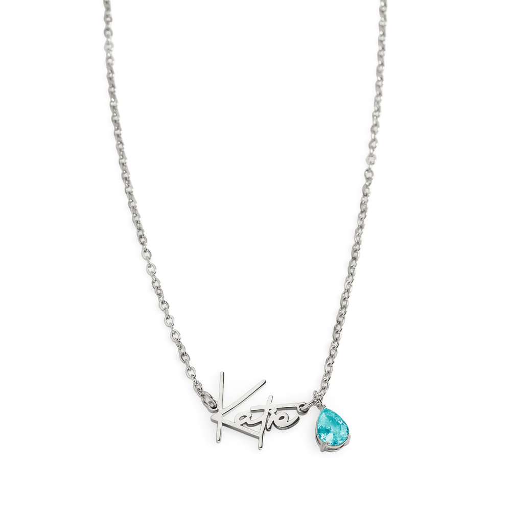 Handmade Birthstone Name Necklace - Silver / March Aquamarine / 18" + 2"