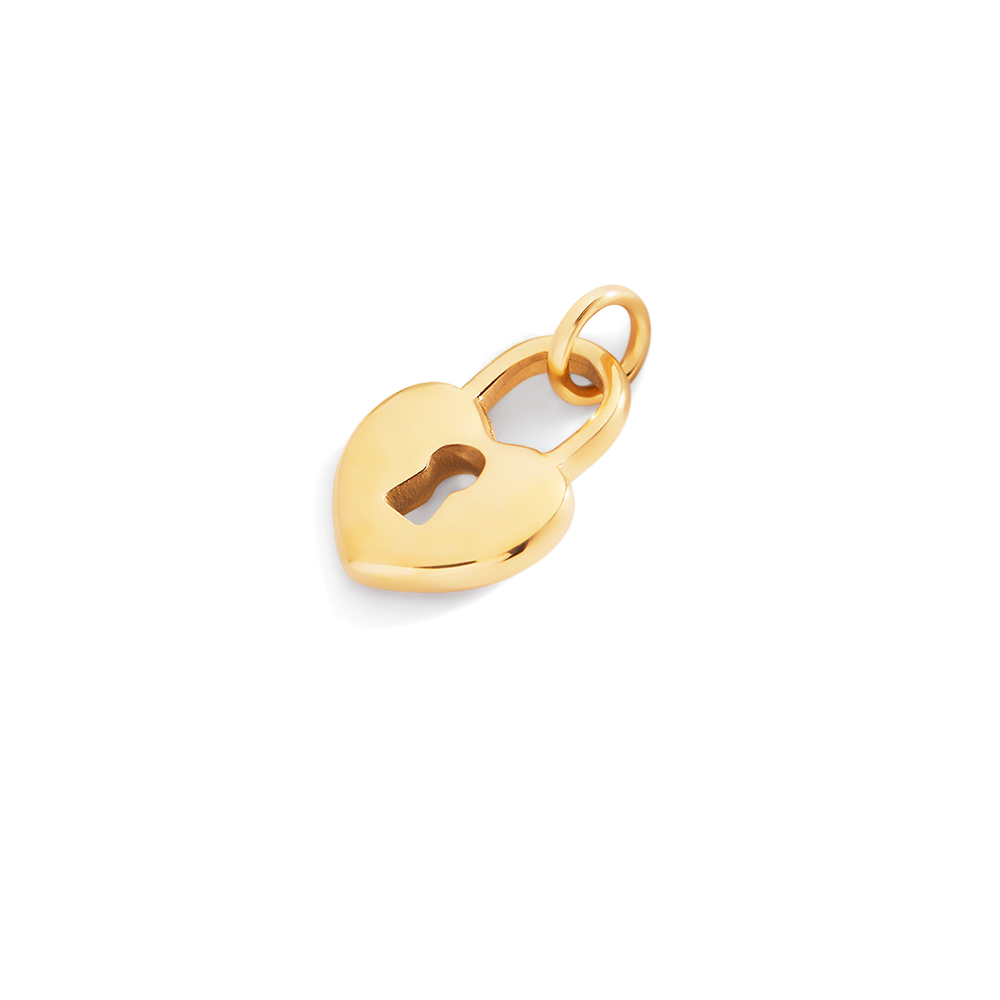 Gold heart-shaped keyhole pendant on a light gray background