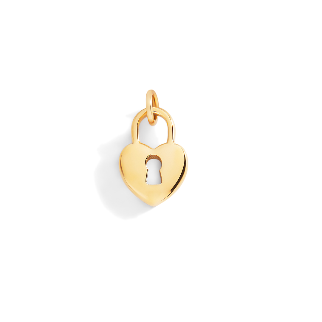 Gold heart-shaped padlock charm on a light gray background