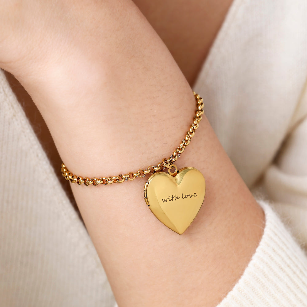 Heart Photo Locket Bracelet with Engraving - Gold / 7" + 2"