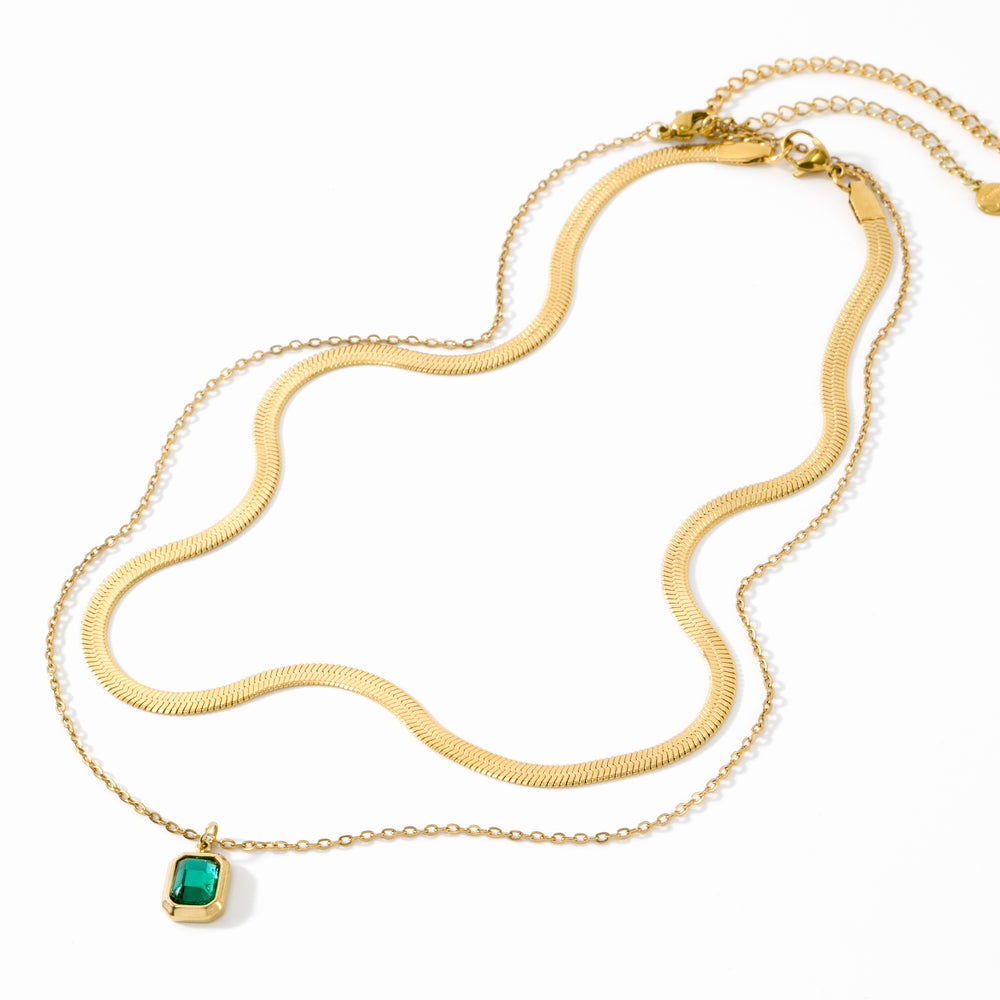Herringbone & Emerald Shape Necklace Bundle - 18k Gold Over Sterling Silver / January Garnet