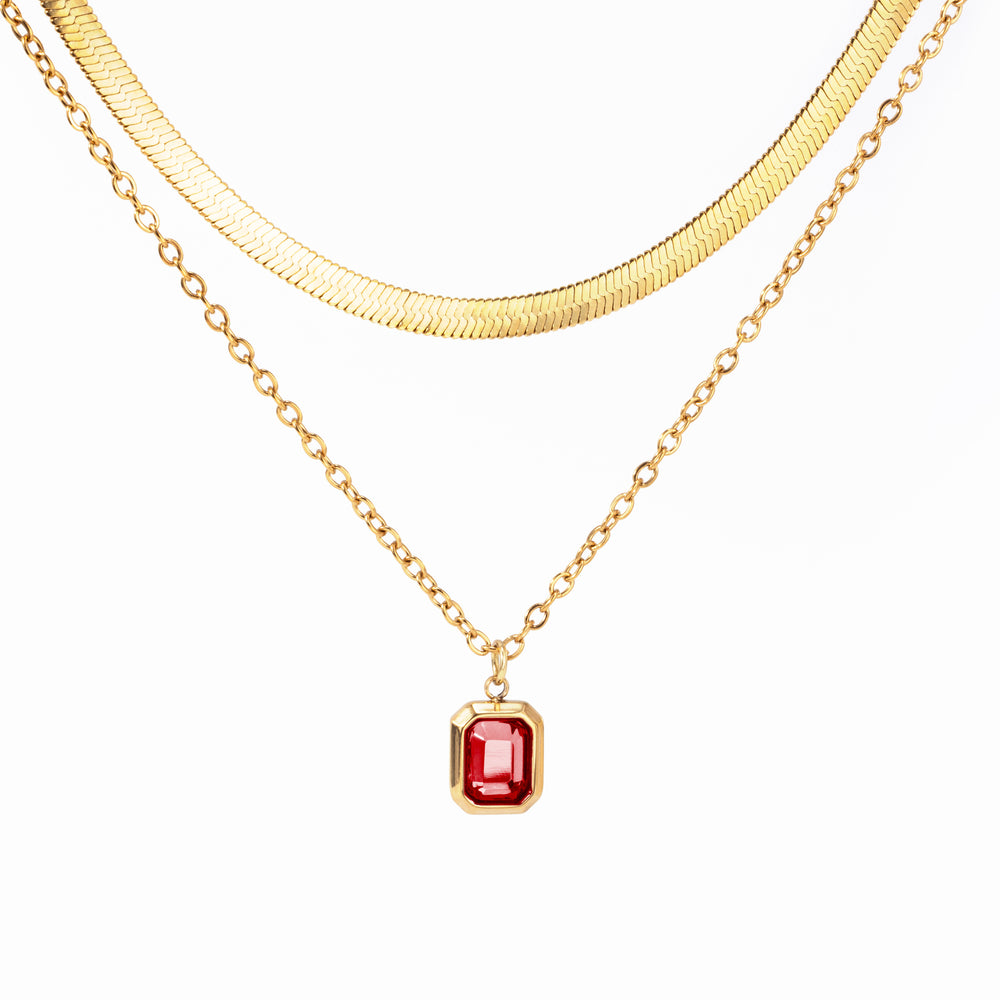 Herringbone & Emerald Shape Necklace Bundle - 18k Gold Over Sterling Silver / January Garnet