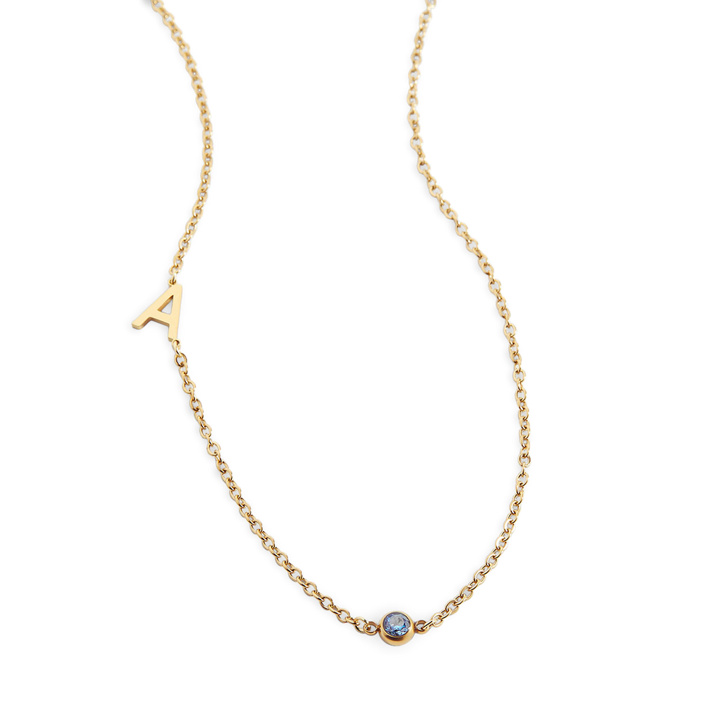 Initial Necklace with Birthstone Accent - Gold / March Aquamarine