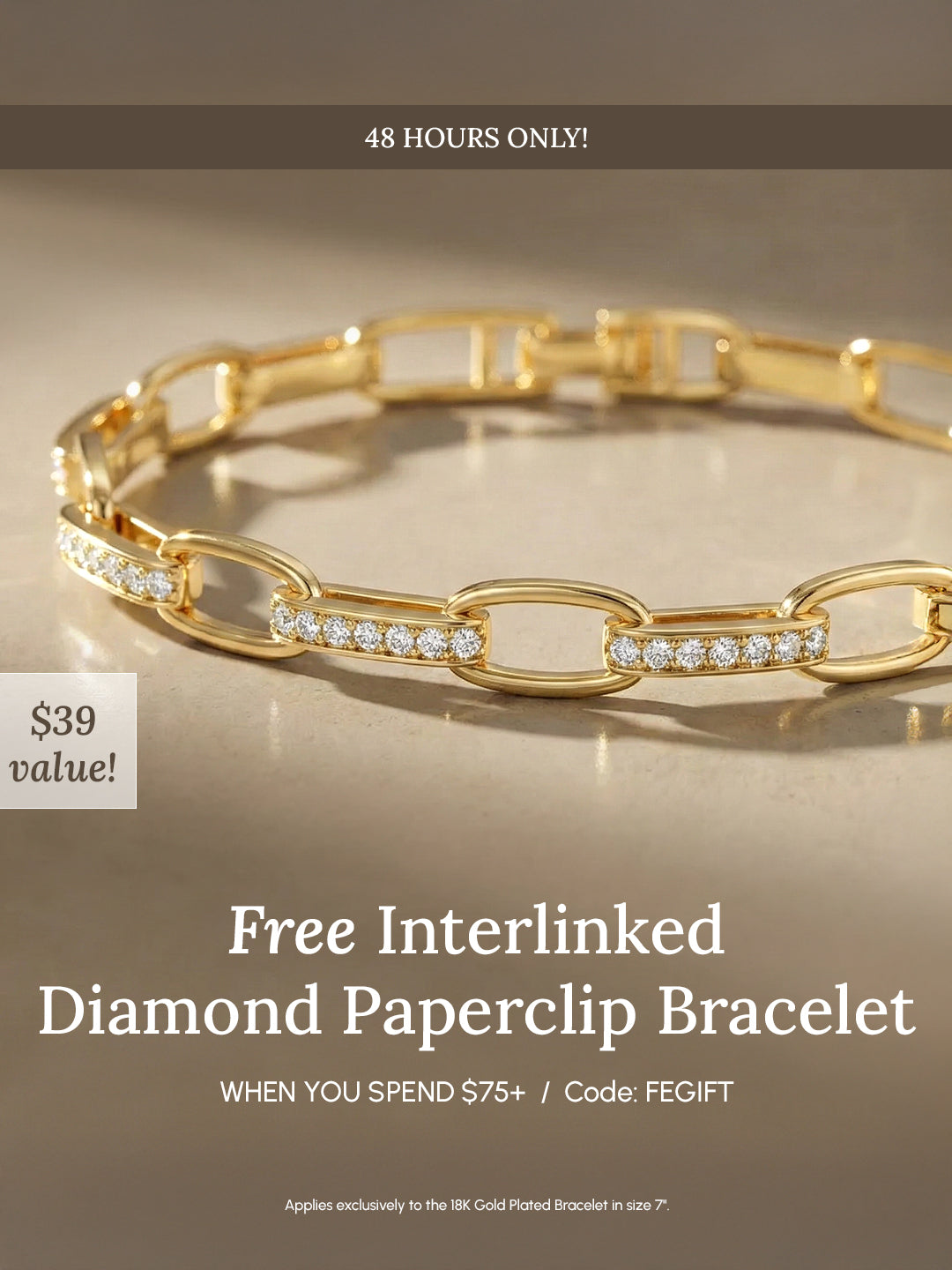 Gold bracelet with diamonds on a beige background, promotional text overlay.