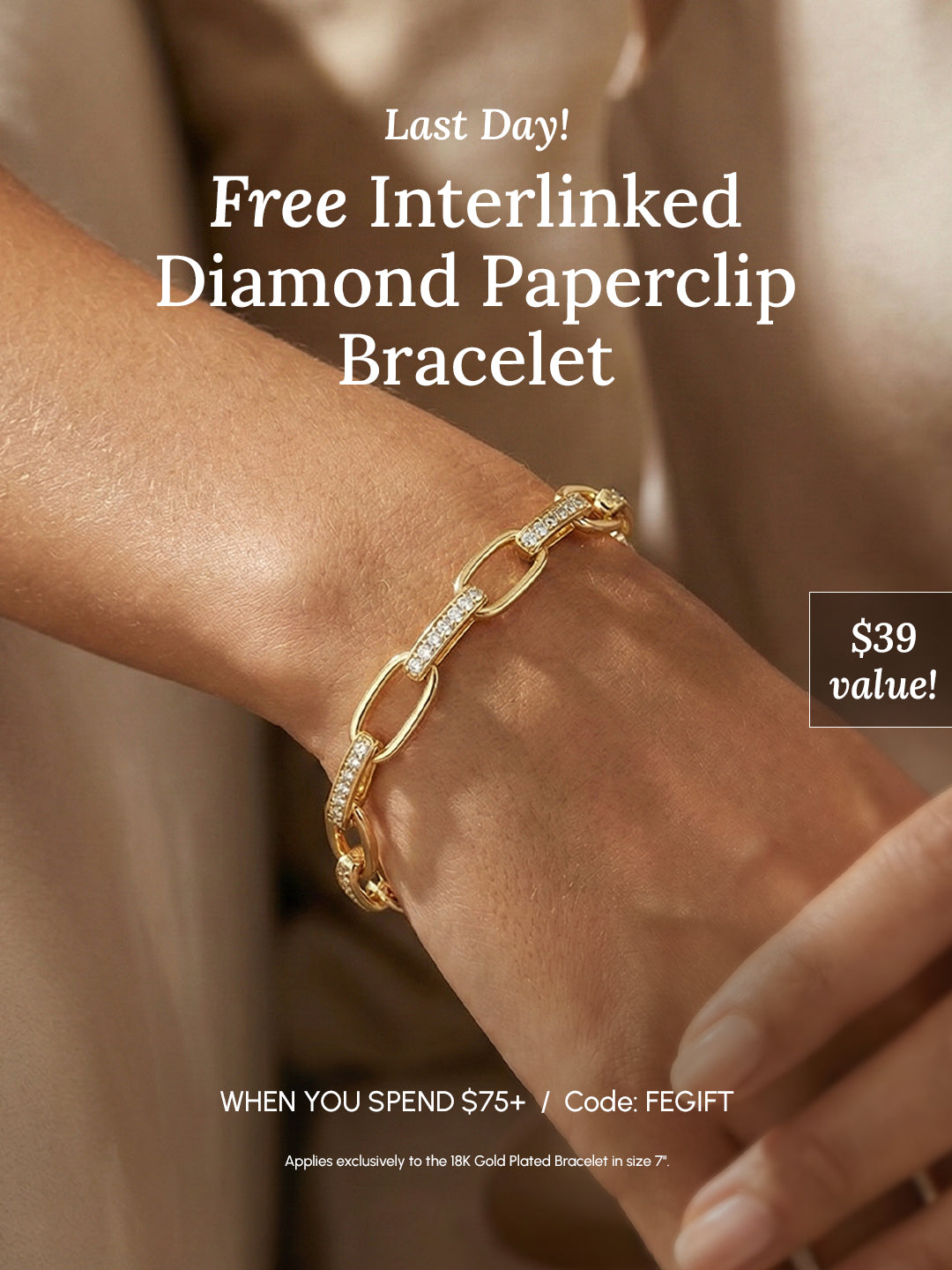 Gold interlinked diamond paperclip bracelet on a wrist with promotional text overlay.