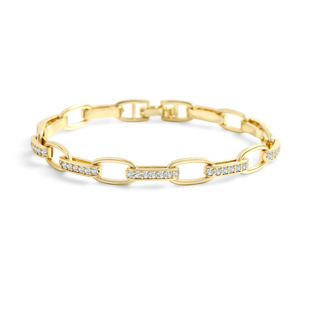 Gold chain bracelet with embedded diamonds on a white background