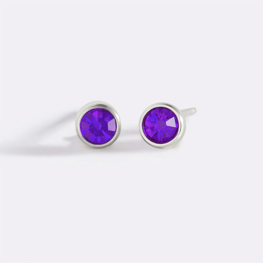 Birthstone Bezel Studs - 925 Sterling Silver / February Amethyst