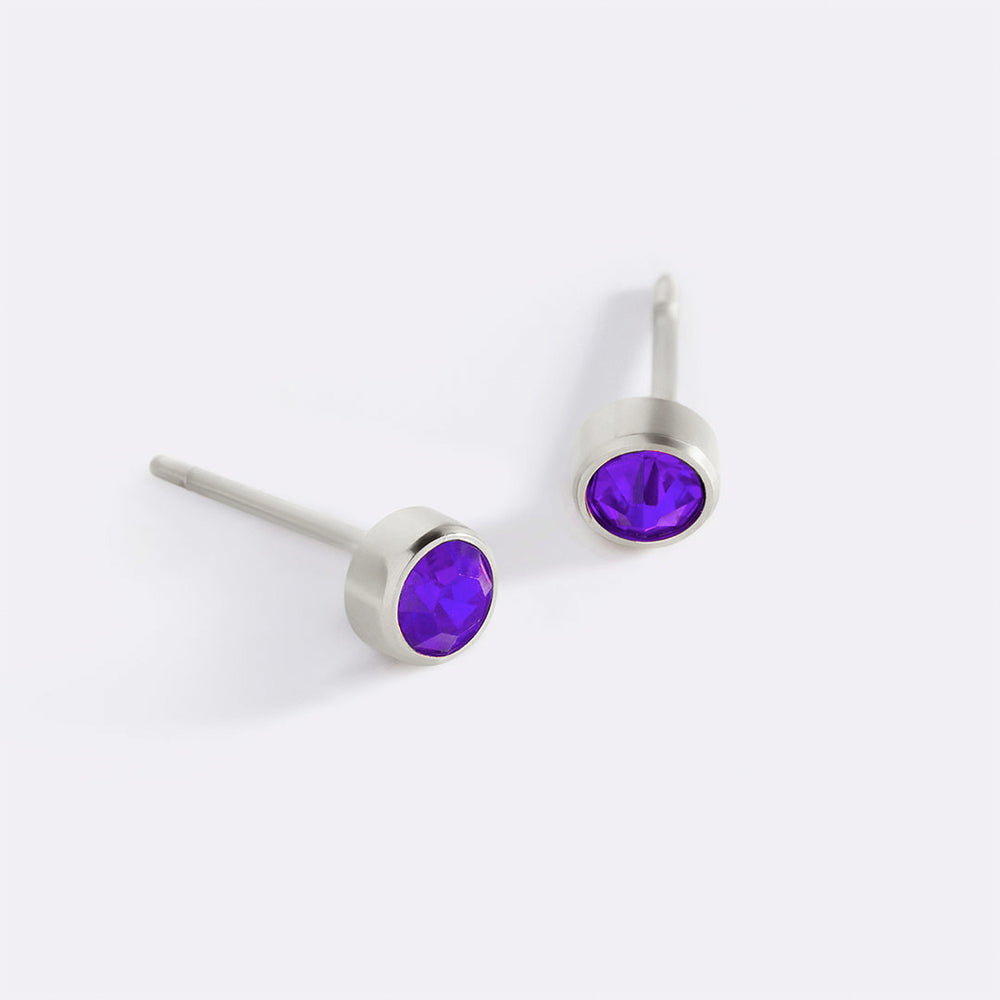 Birthstone Bezel Studs - 925 Sterling Silver / February Amethyst