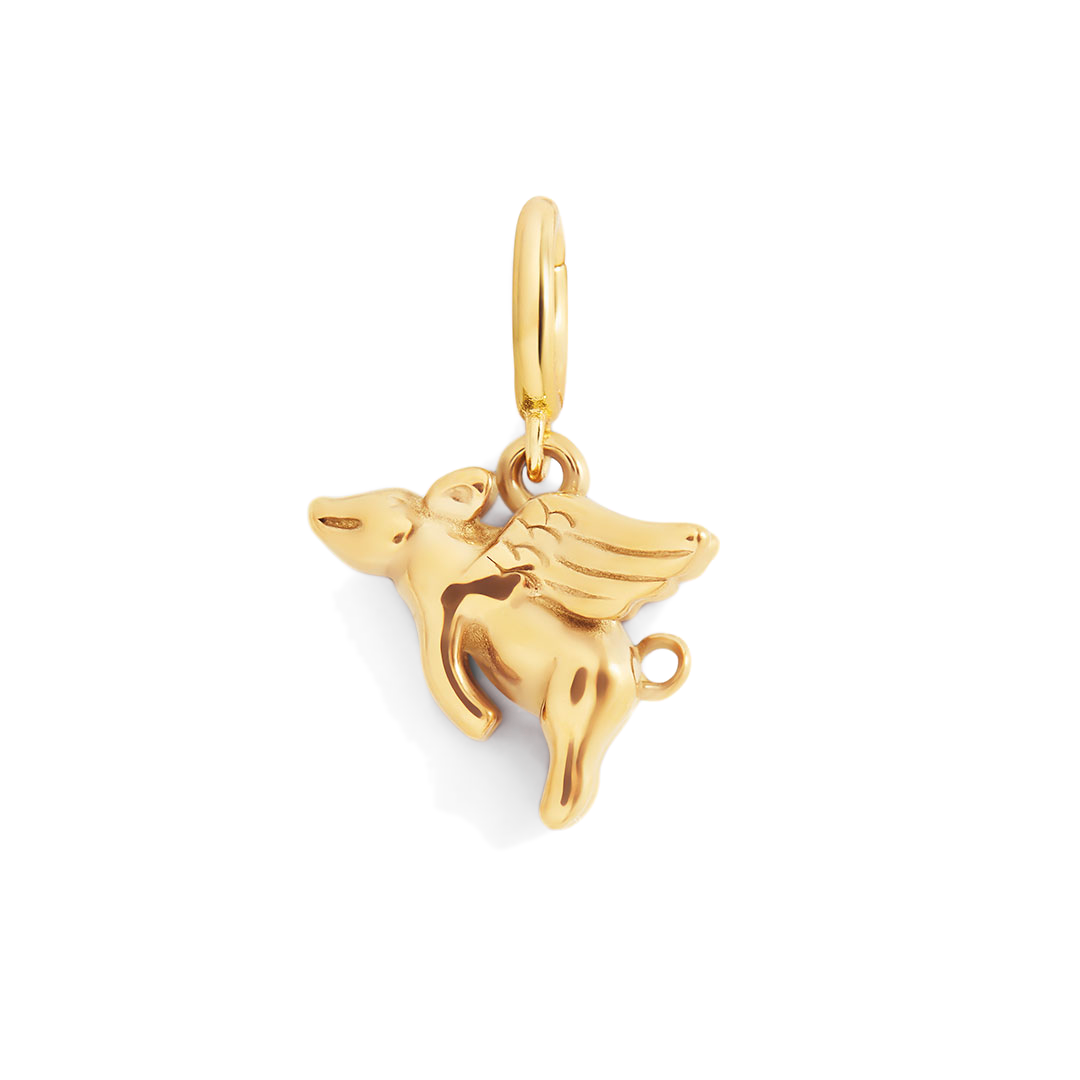 Gold pendant shaped like a winged horse on a light gray background