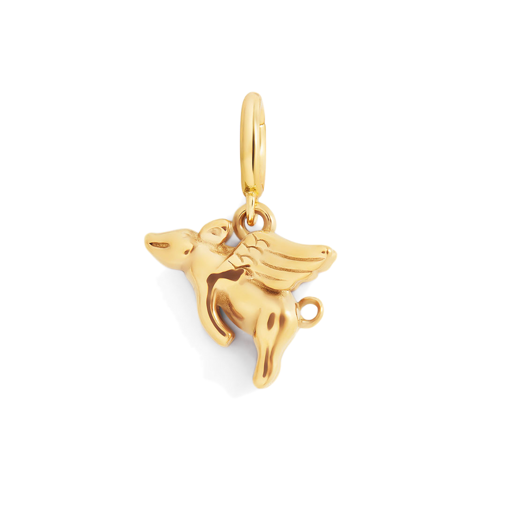 Gold pendant shaped like a winged horse on a light gray background