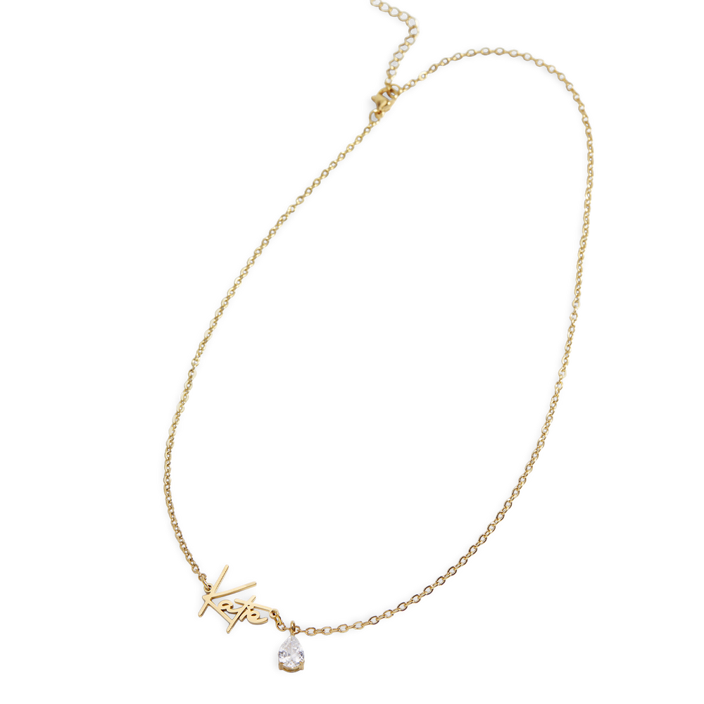Handmade Birthstone Name Necklace - Silver / March Aquamarine / 18" + 2"
