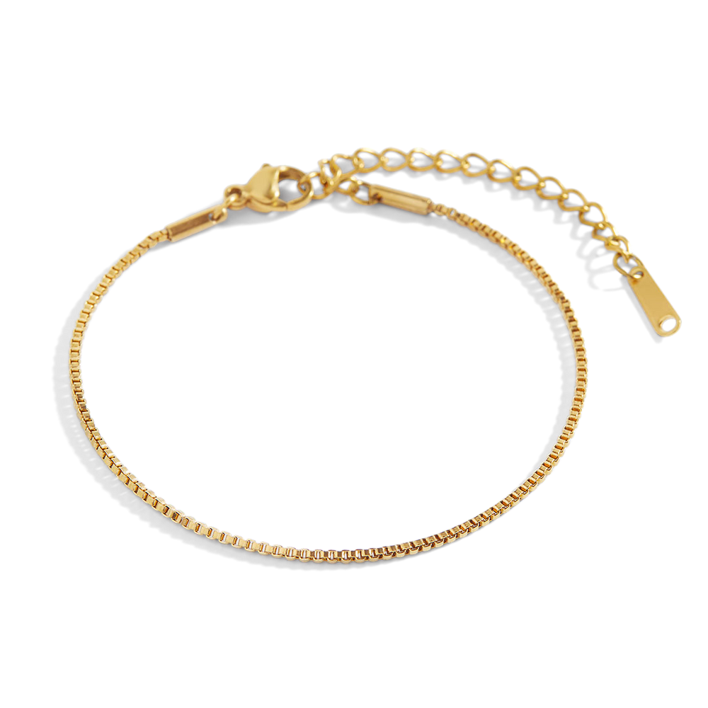 A gold-colored box chain bracelet with a clasp.