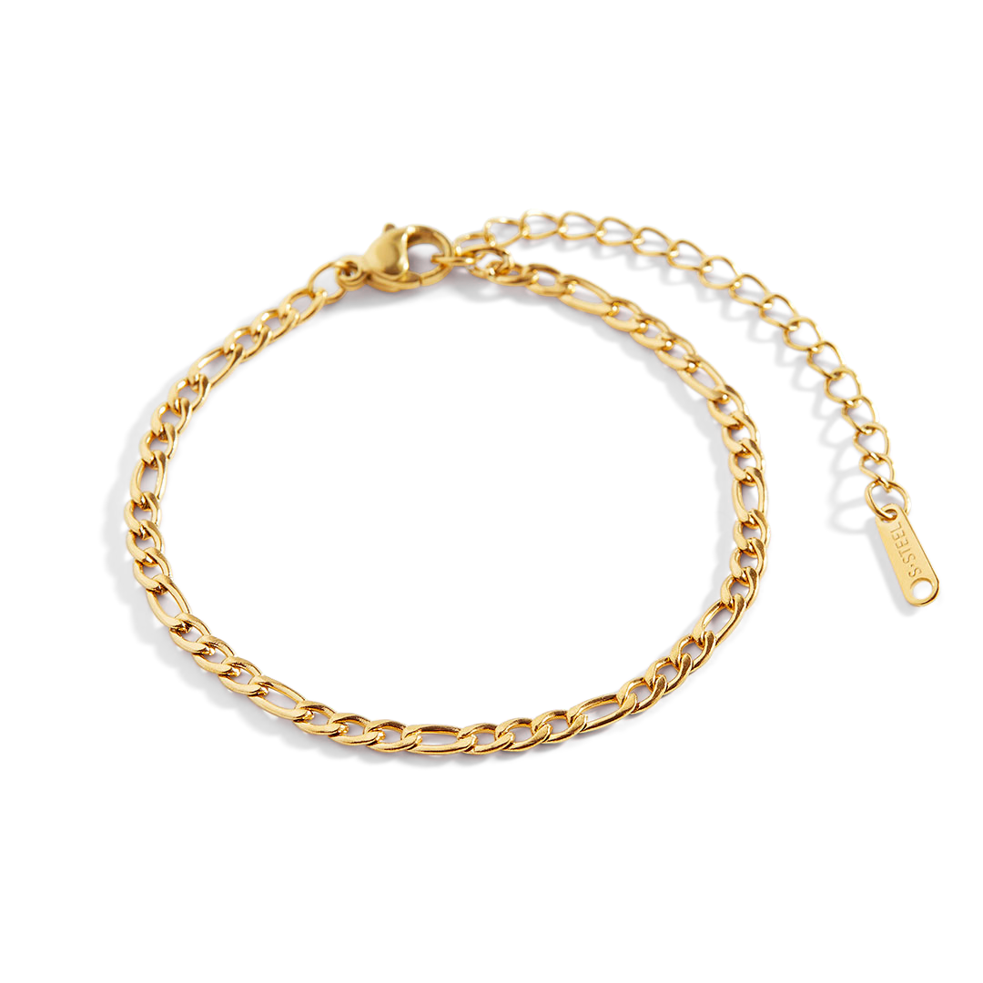 A gold-colored Figaro chain bracelet with a sleek, interwoven link design.