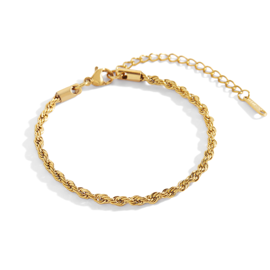 A gold rope chain bracelet with a clasp, displayed against a black background.