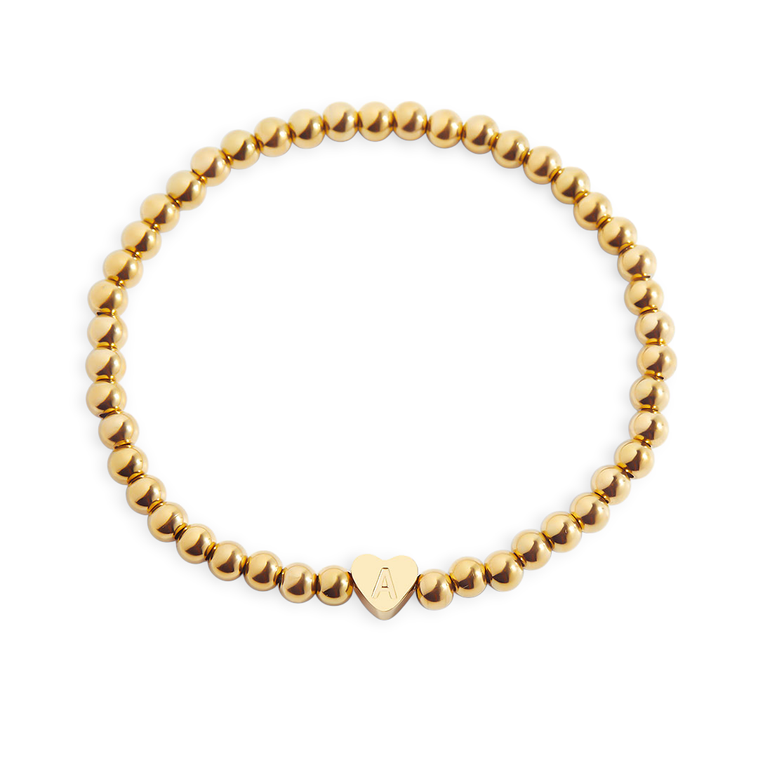 Gold Beaded Bracelet with Heart Initial
