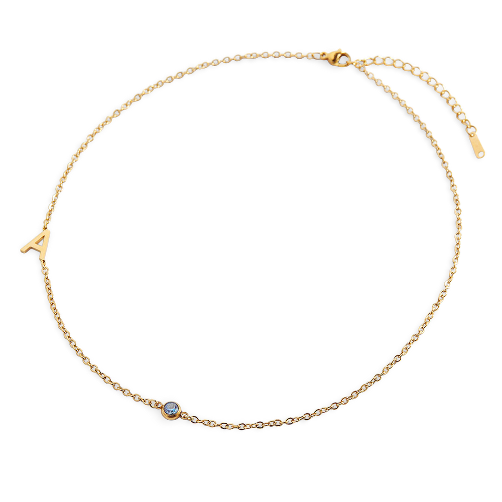 Initial Necklace with Birthstone Accent - Gold / March Aquamarine