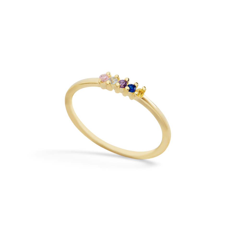 A gold band ring with multiple colorful gemstones set in a row, representing a personalized birthstones ring.