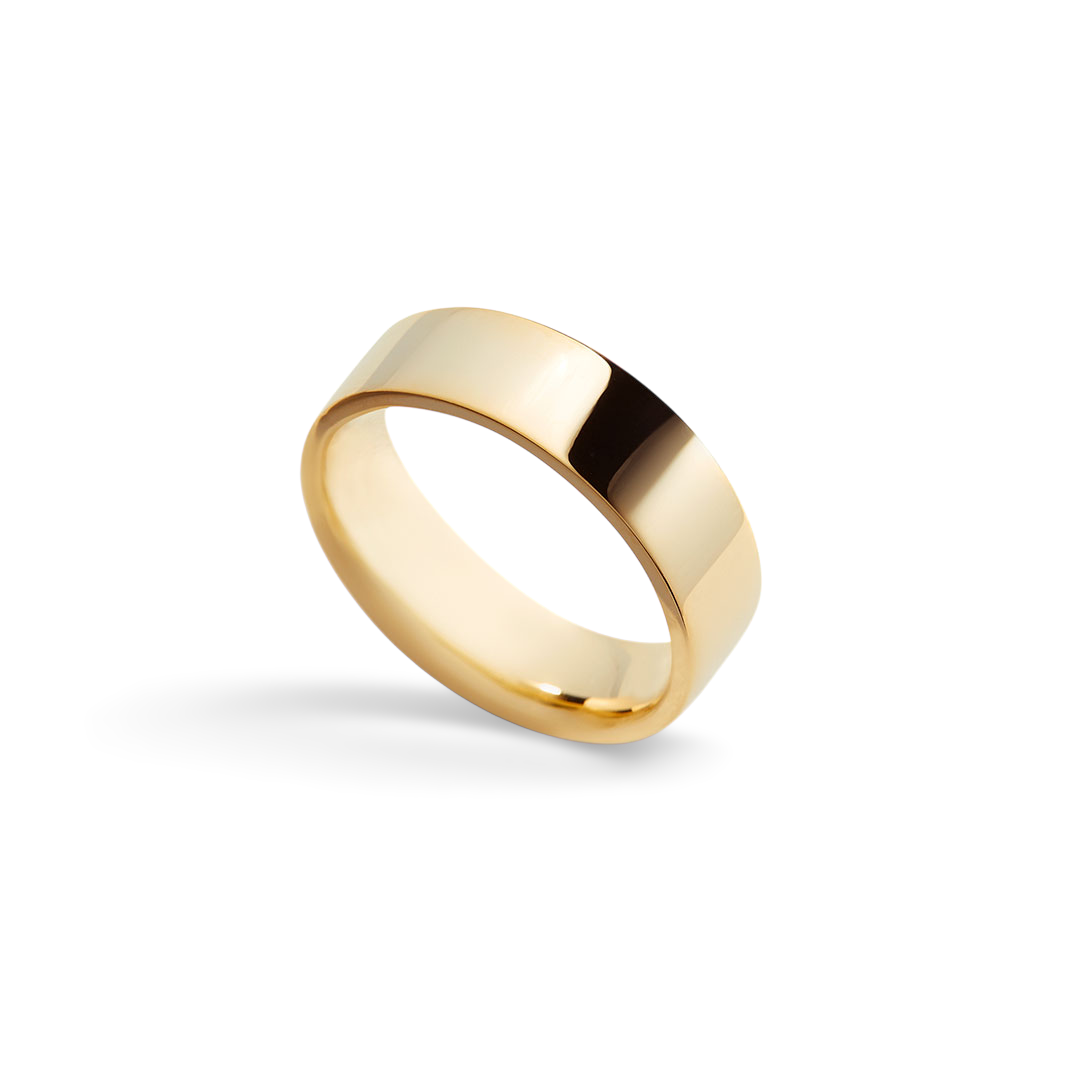 A single gold-colored metal stacking ring with a 6mm band width, displayed against a white background.