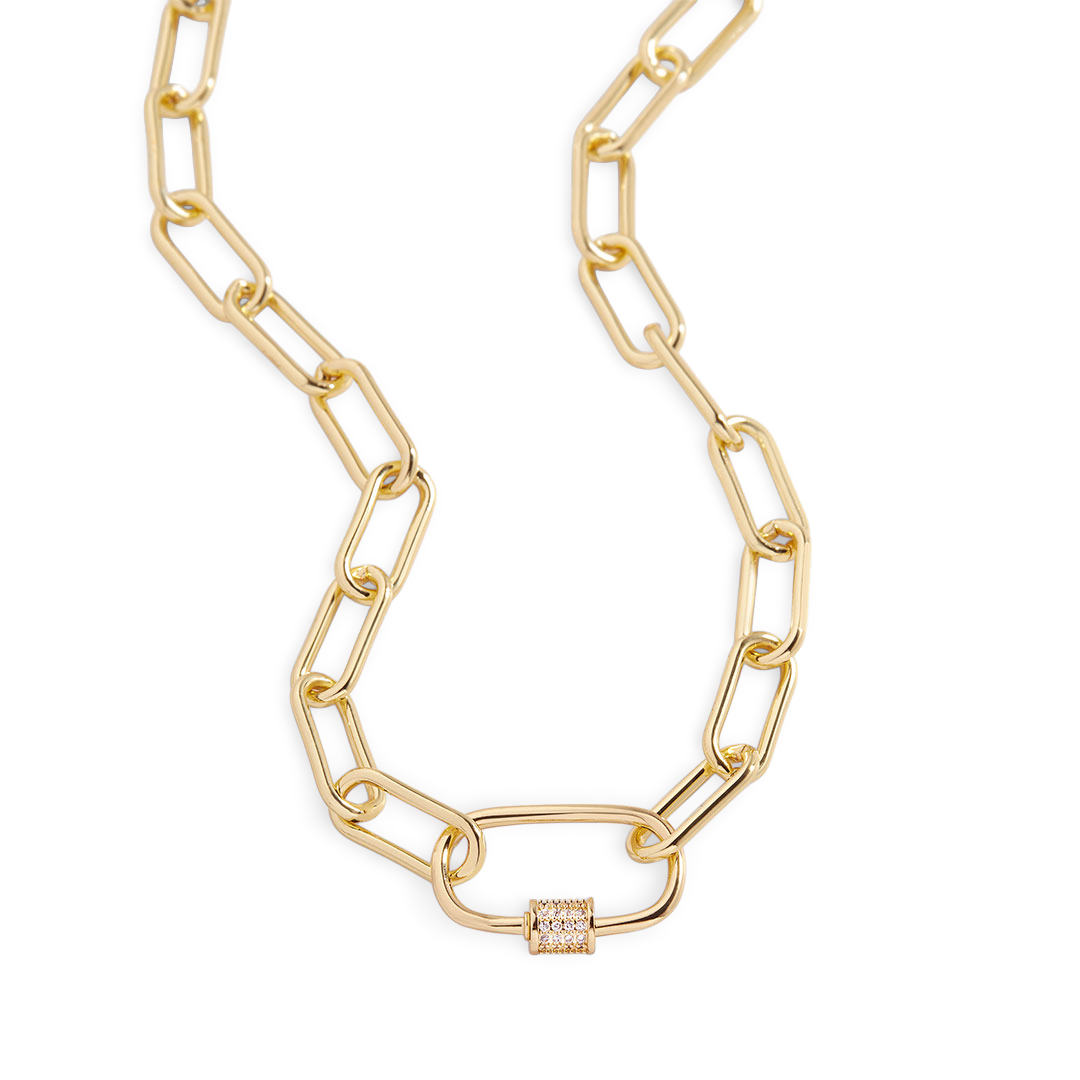 A gold link chain necklace with a pave carabiner clasp adorned with shimmering simulated diamonds.