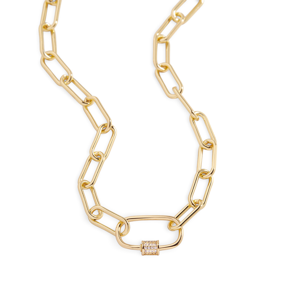 A gold link chain necklace with a pave carabiner clasp adorned with shimmering simulated diamonds.