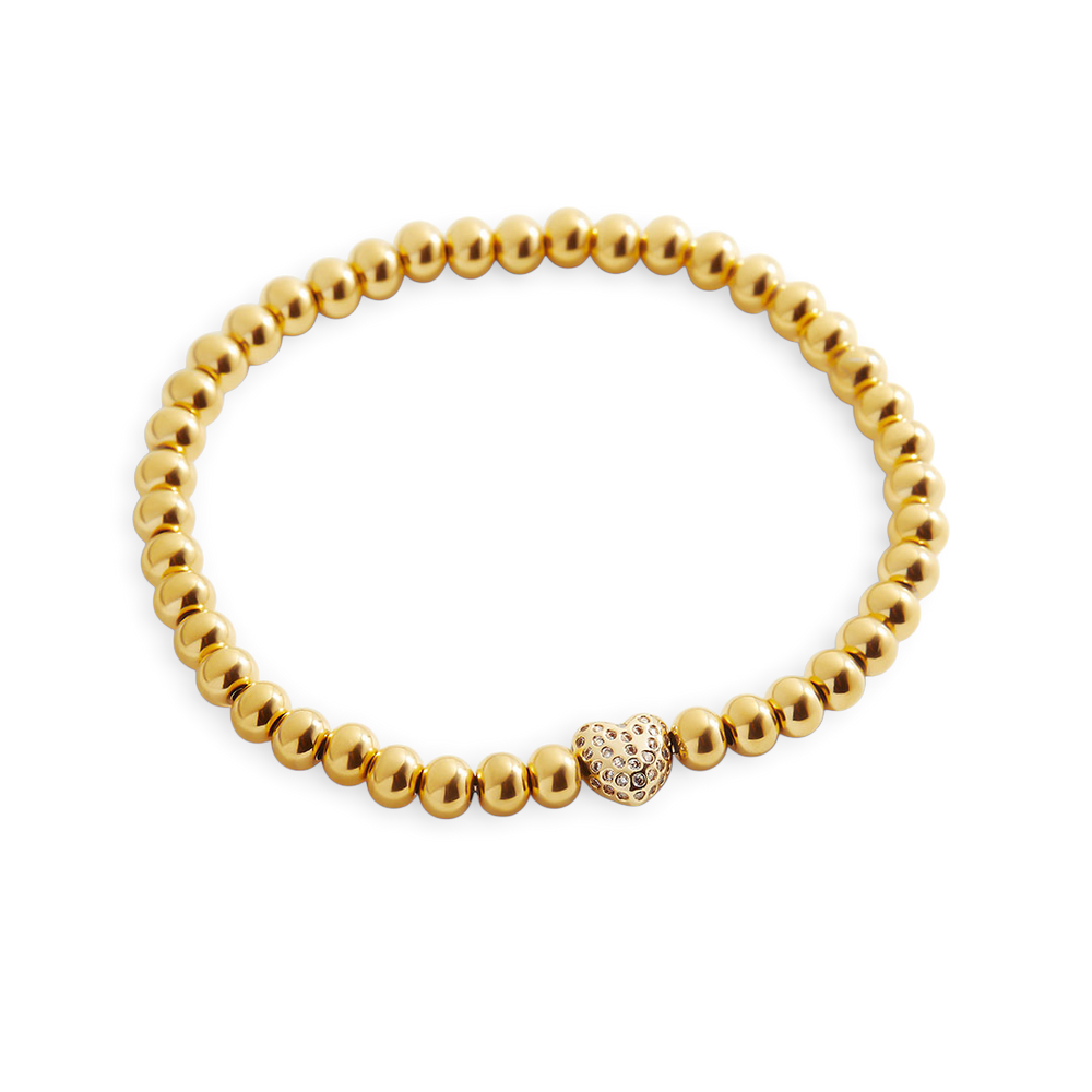 Pave Heart Gold Beaded Bracelet - 6.5"