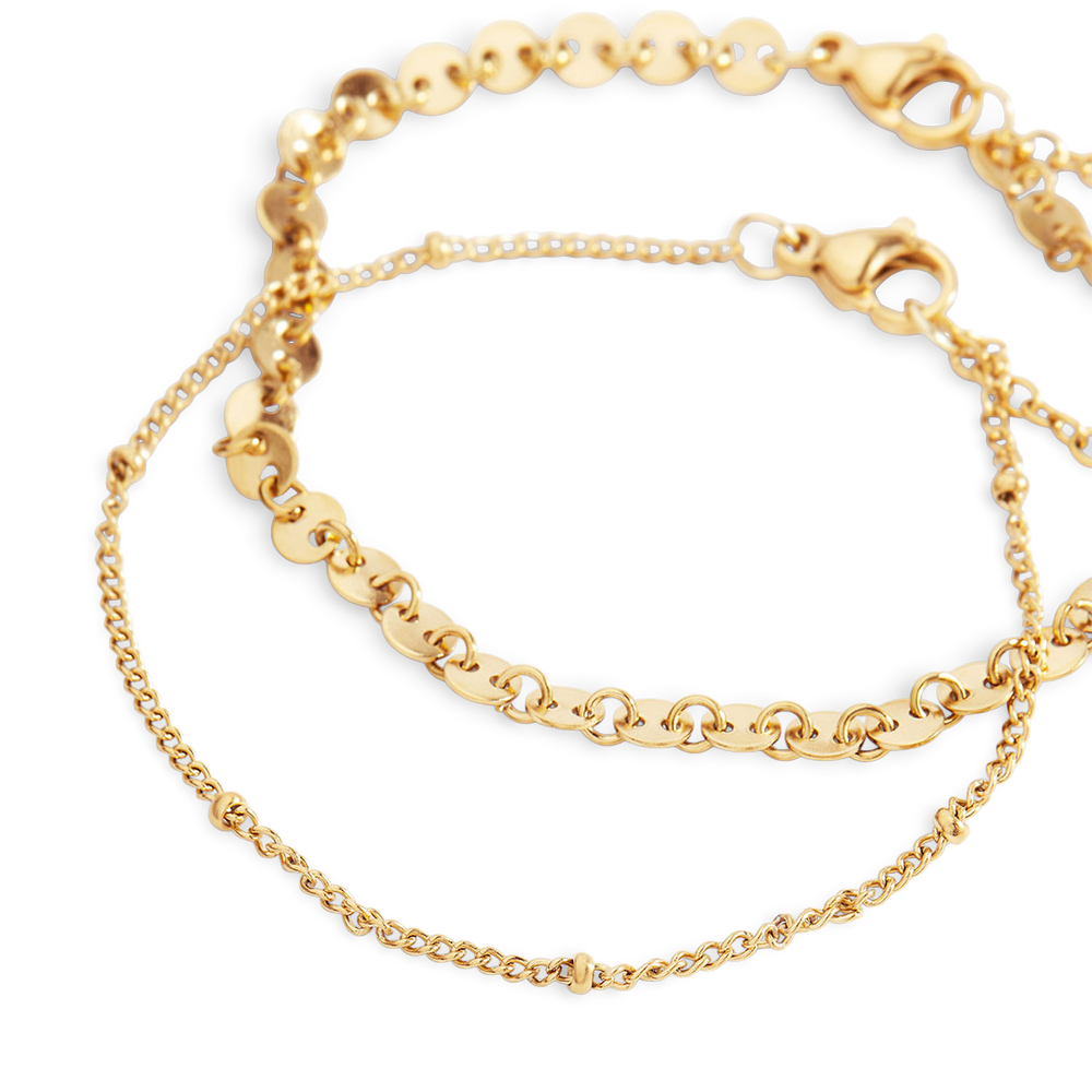 Two gold chain bracelets on a light gray background
