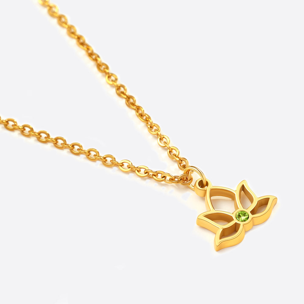 Mini Lotus Birthstone Pendant Necklace - Gold / August Peridot