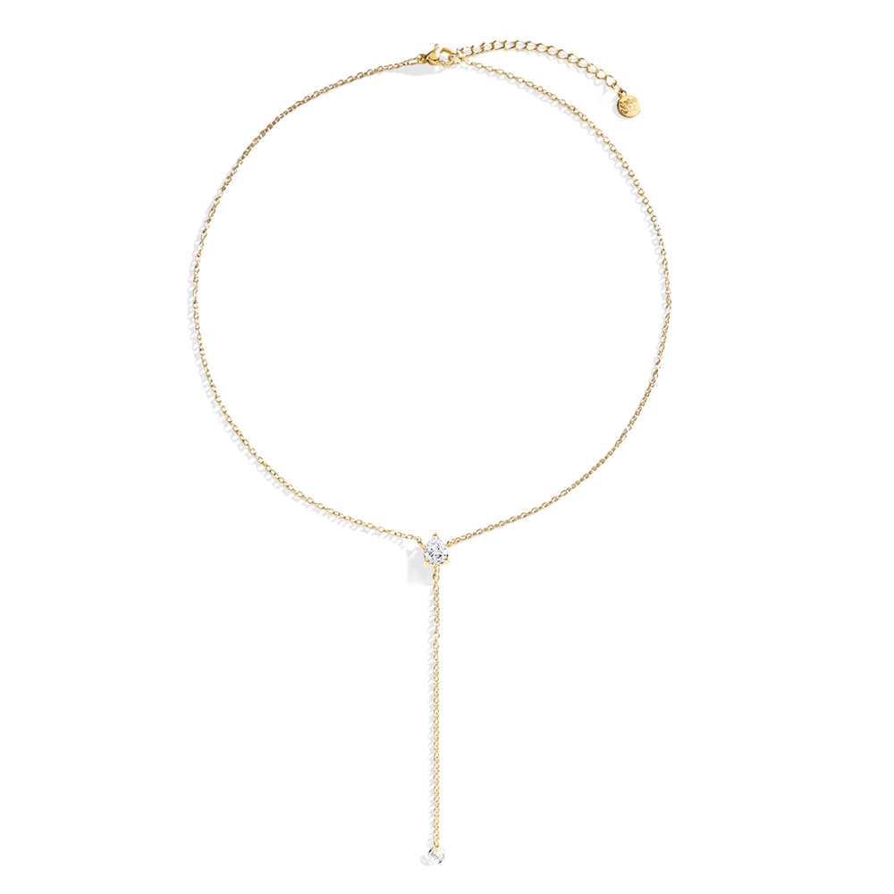 Gold necklace with two gemstone pendants on a white background