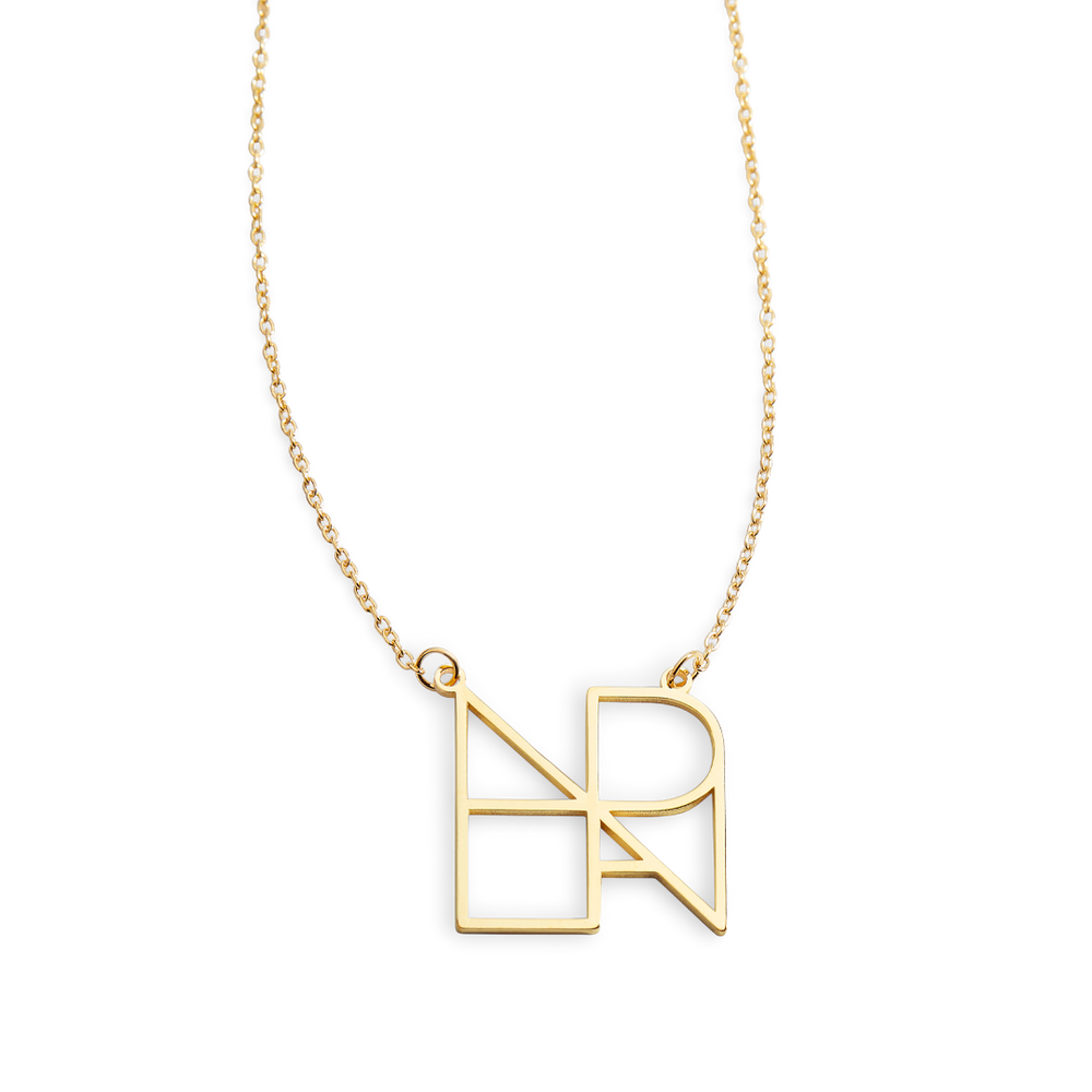 A gold-colored minimalist monogram name necklace featuring the letters 'H' and 'R'.