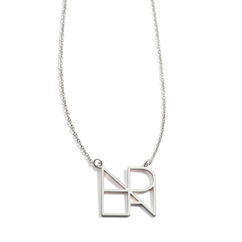 A gold-colored minimalist monogram name necklace featuring the letters 'H' and 'R'.