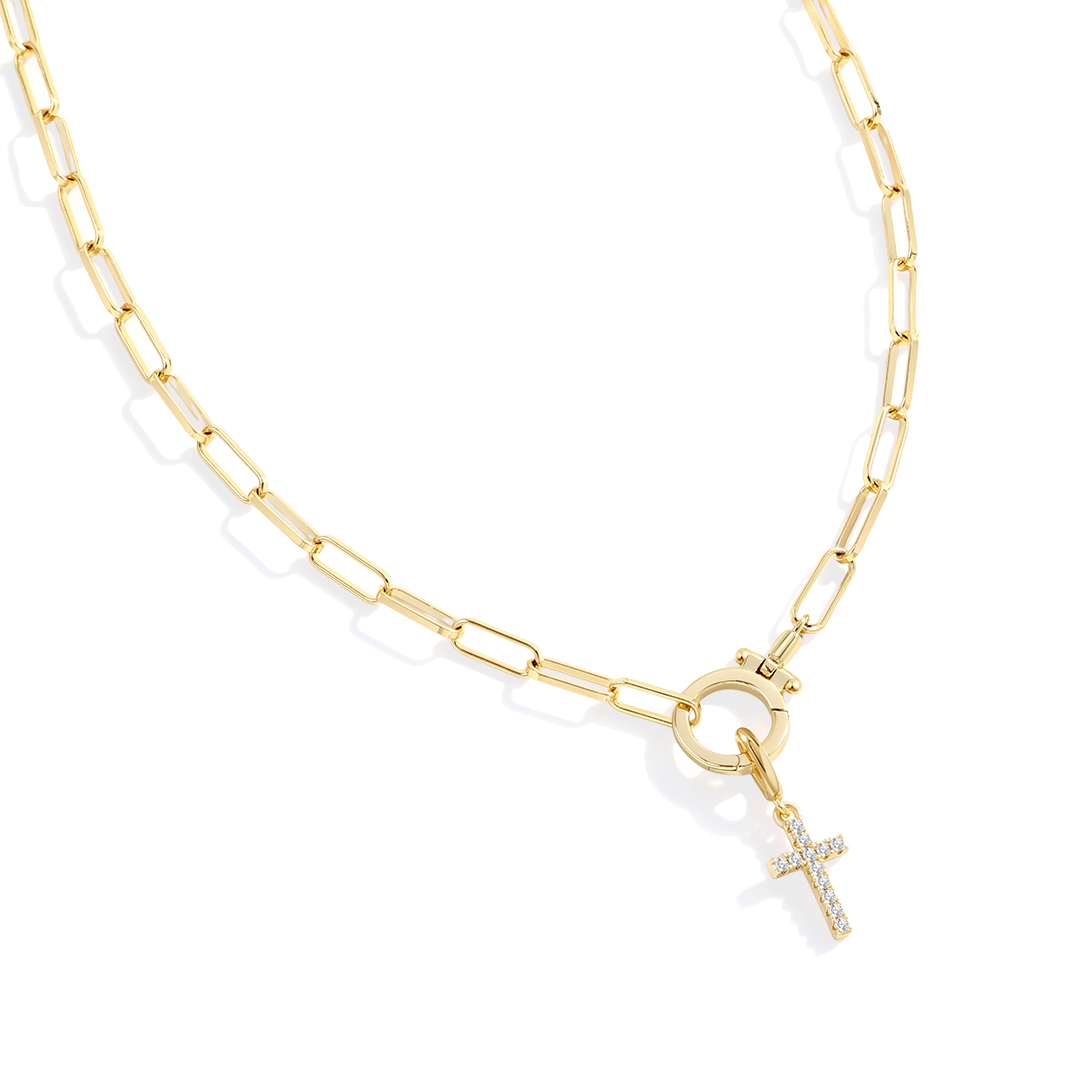 Mint Paperclip Necklace with Pave Cross Charm