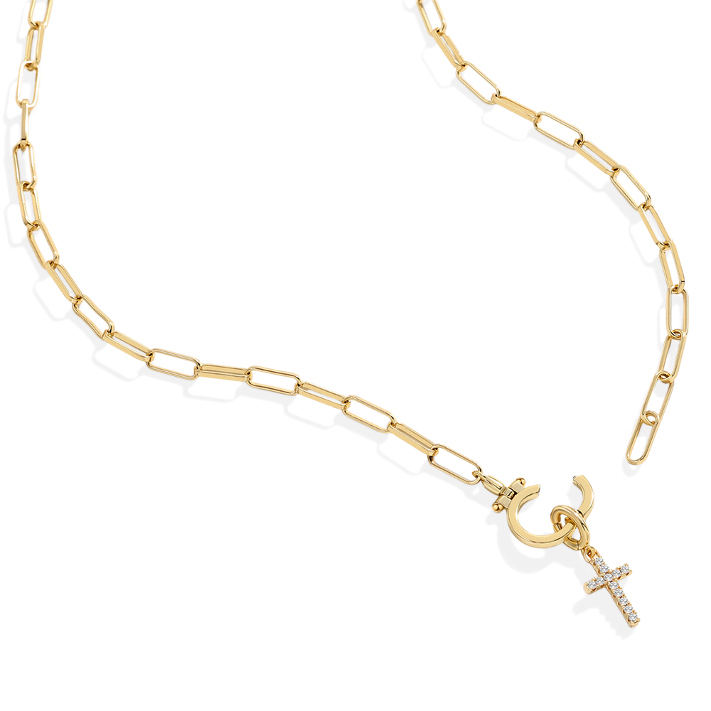 Mint Paperclip Necklace with Pave Cross Charm - Default Title