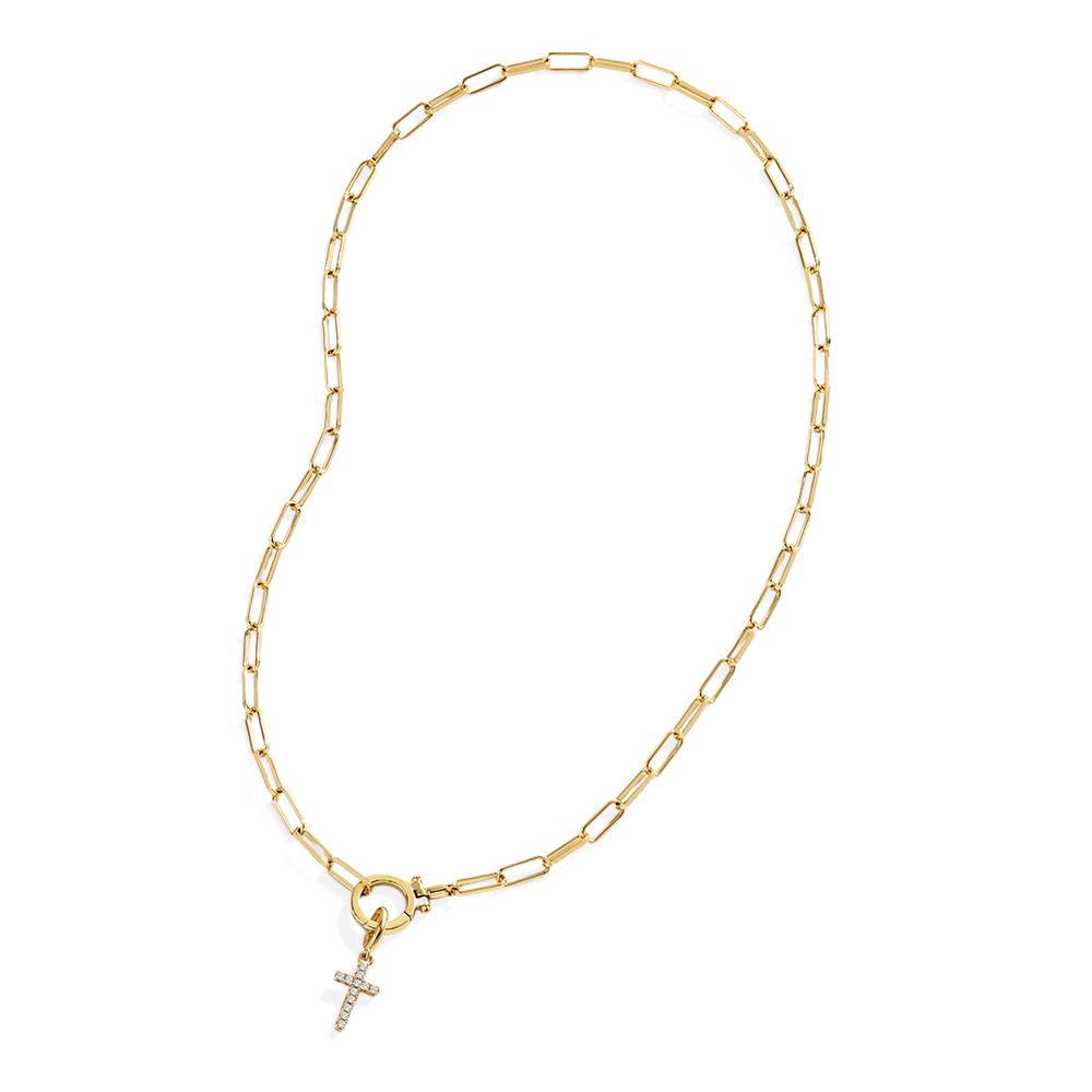 Mint Paperclip Necklace with Pave Cross Charm - Default Title