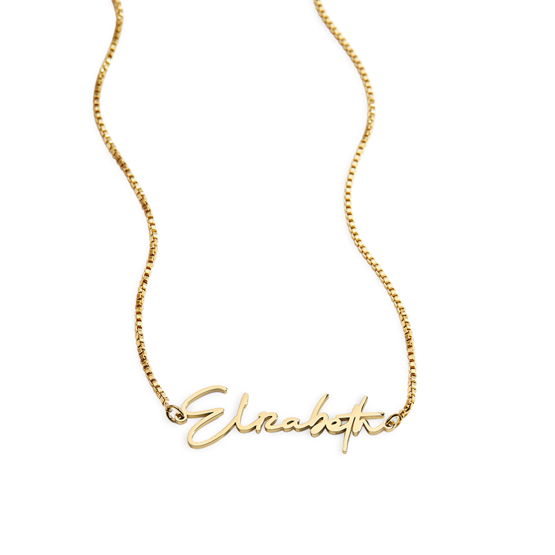 A gold name necklace with the name 'Elizabeth' written in cursive script on a black background.