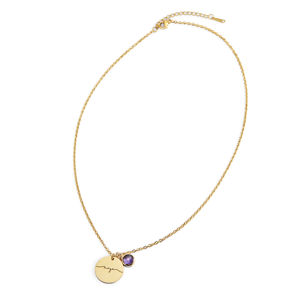Monogram Script Birthstone Name Necklace - Gold / 17.5" + 2"