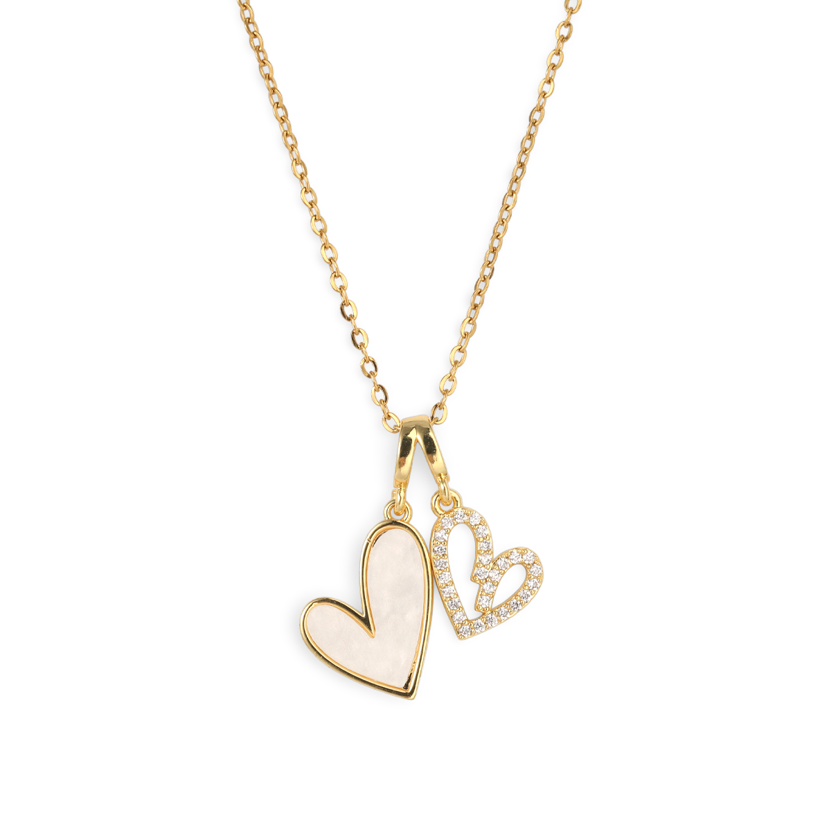 Gold necklace with a heart-shaped pendant on a white background