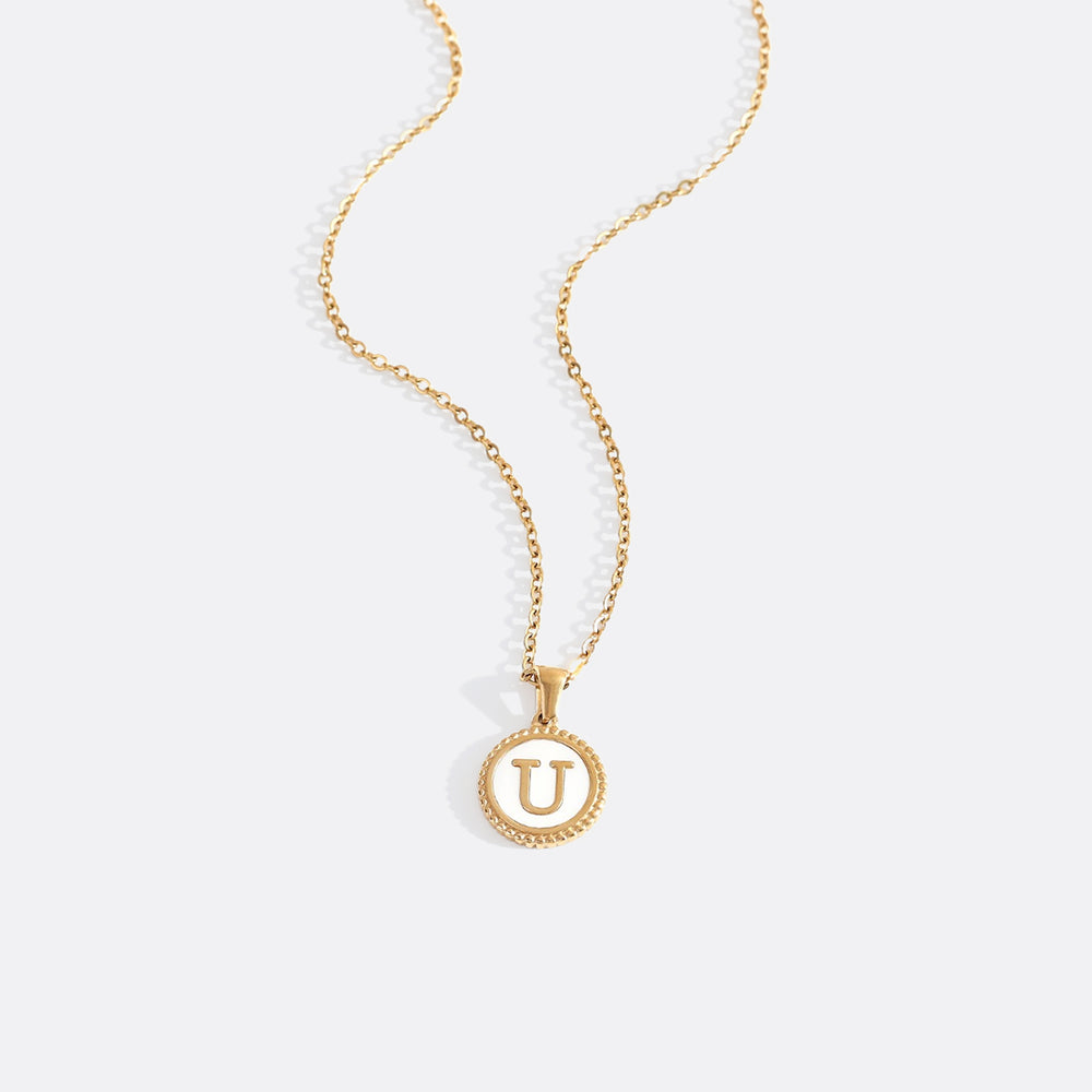 Mother of Pearl Disc Letter Necklace with Cable Chain - Gold / U / 18" + 2"