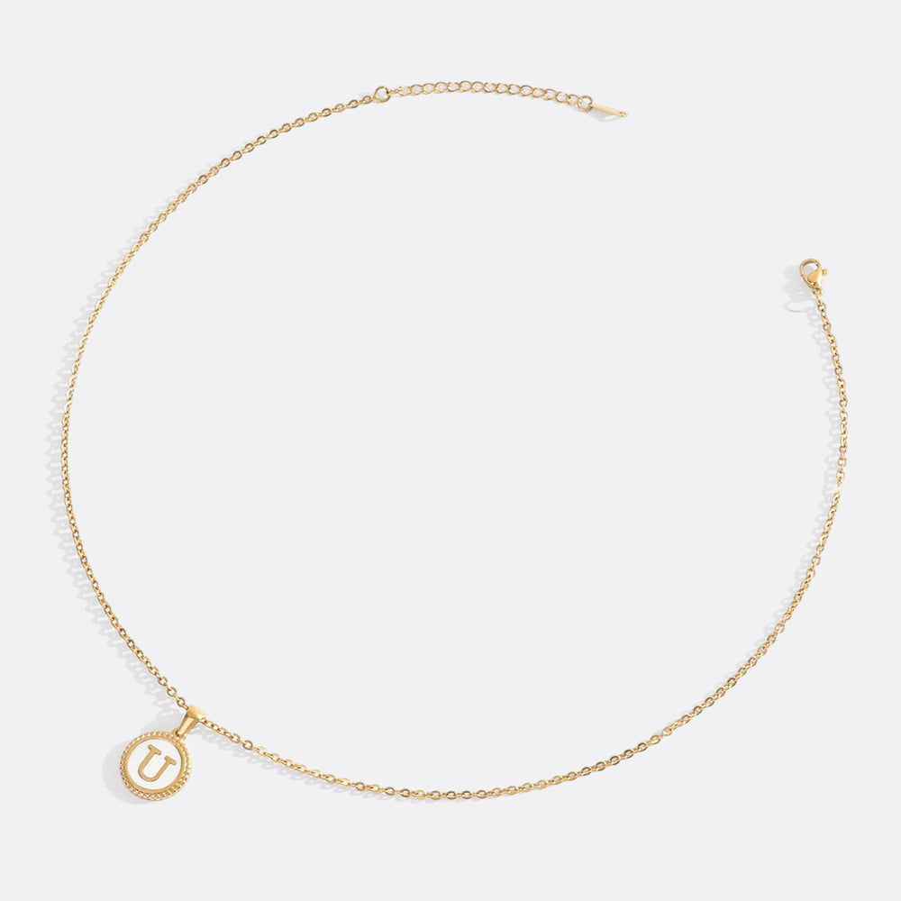 Mother of Pearl Disc Letter Necklace with Cable Chain - Gold / U / 18" + 2"