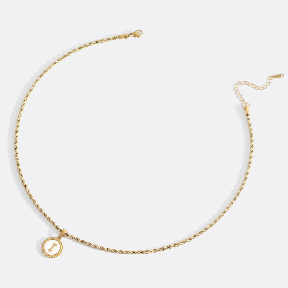 Mother of Pearl Disc Letter Necklace with Rope Chain - Gold / I / 18" + 2"