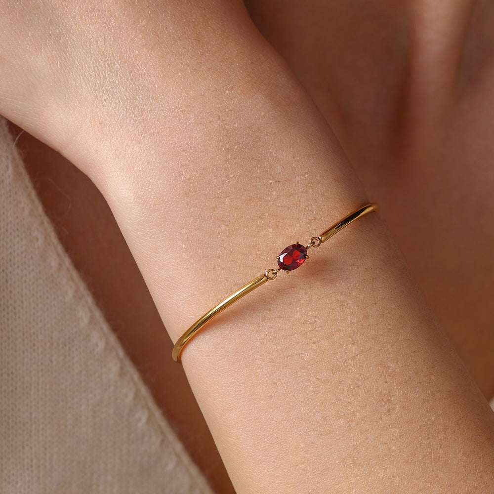 Oval Birthstone Cuff Bracelet - Gold / January Garnet / 6" + 2"