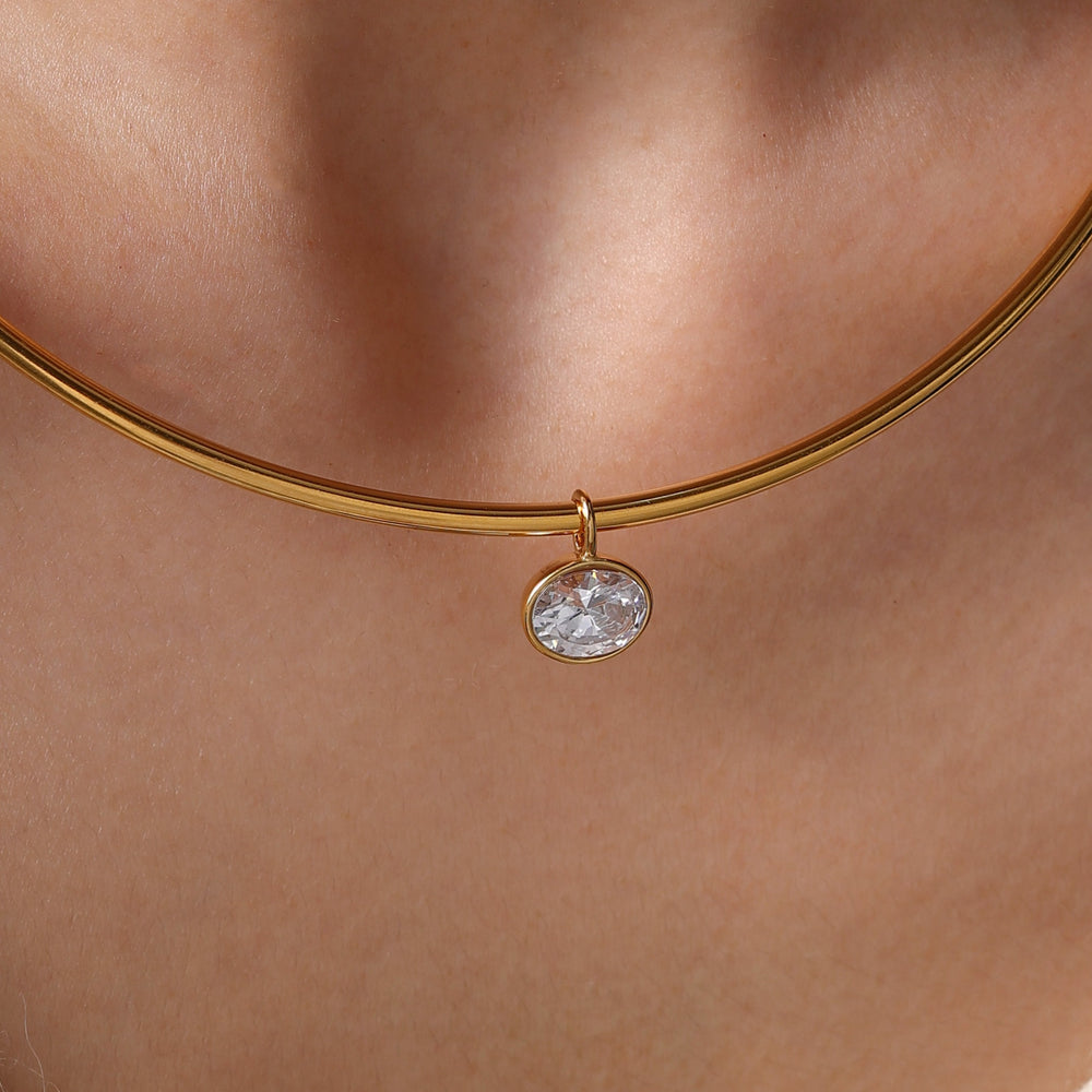 Oval Gemstone Collar Necklace - Gold / 17"–19" Adjustable