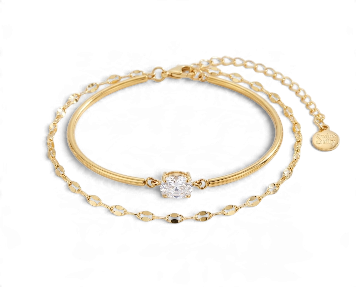 Oval Gemstone Cuff & Petal Chain Bracelet Stack