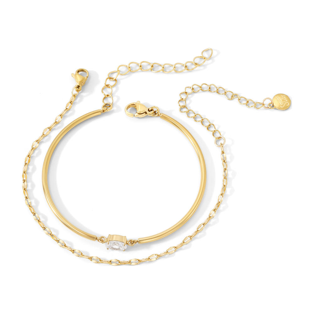 Oval Gemstone Cuff & Petal Chain Bracelet Stack - 18k Gold Plated / 6" + 2"
