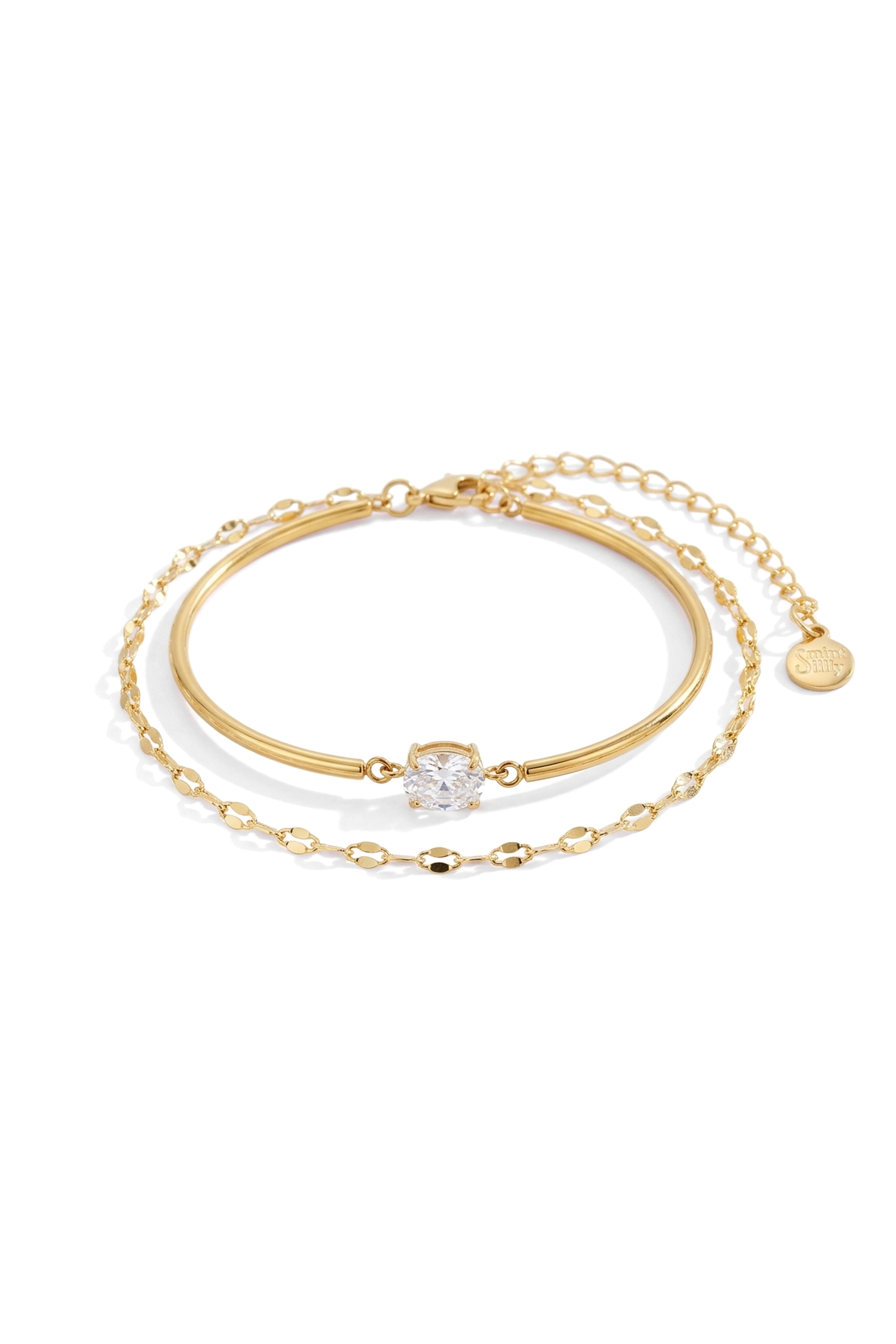 Oval Gemstone Cuff & Petal Chain Bracelet Stack