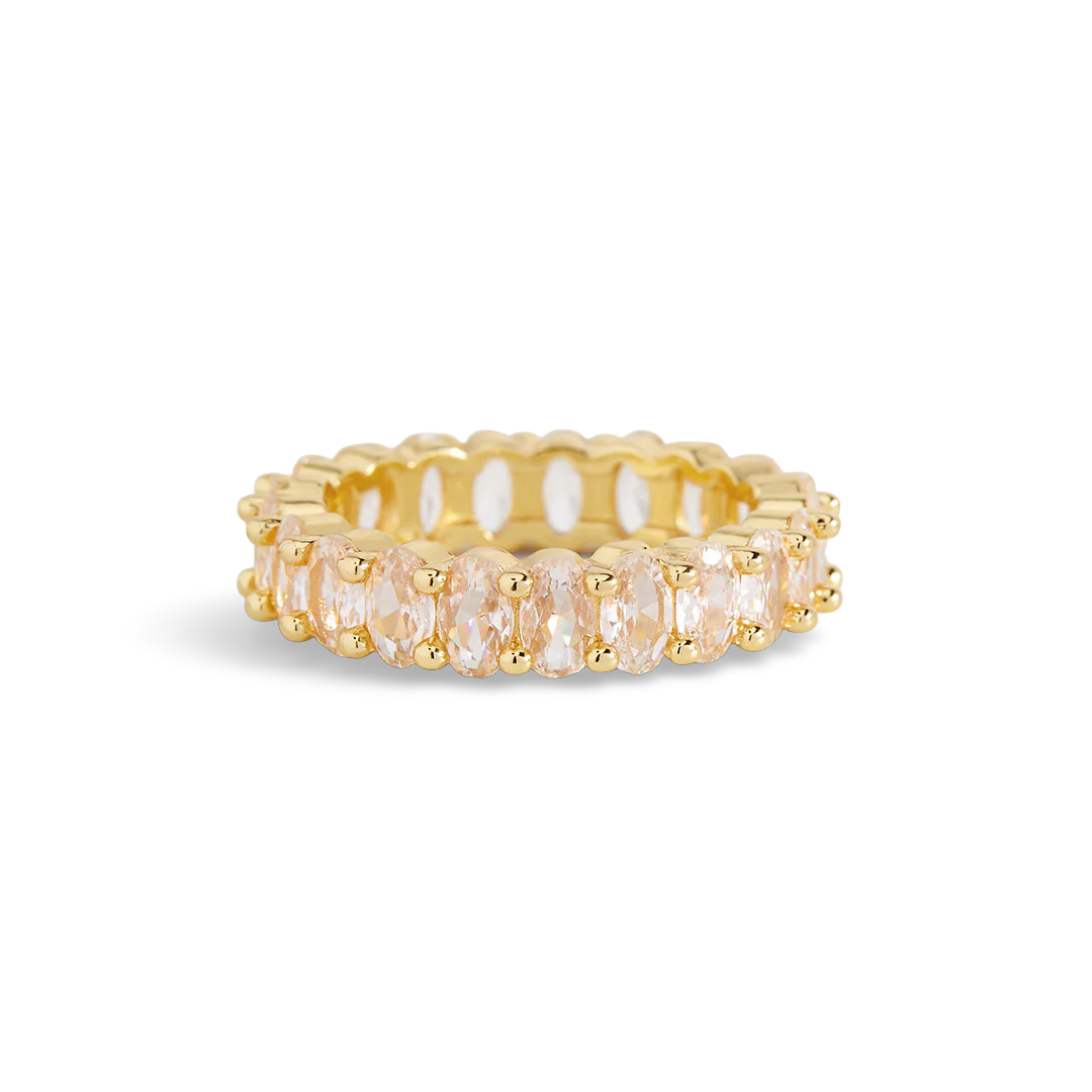 A gold-colored eternity ring with oval-shaped stones set around its entire circumference.