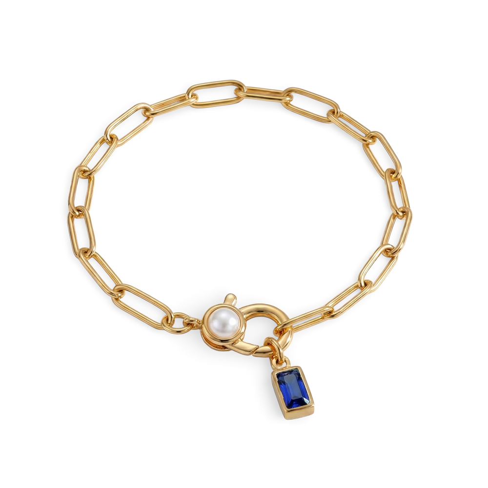 Paperclip Bracelet with Pearl Accent with Dainty Baguette Birthstone Charm - 18k Gold Plated / September Sapphire / 8"