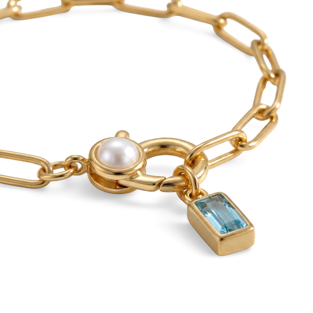 Paperclip Bracelet with Pearl Accent with Dainty Baguette Birthstone Charm - 18k Gold Plated / September Sapphire / 8"